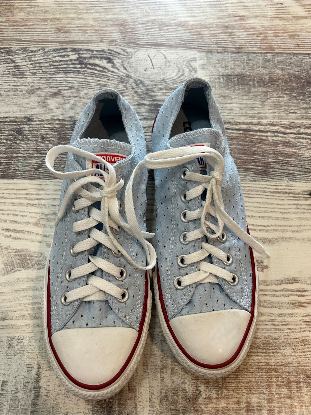 Converse Low-Top Lace-Up Sneakers in Light Blue, White and Red Trim